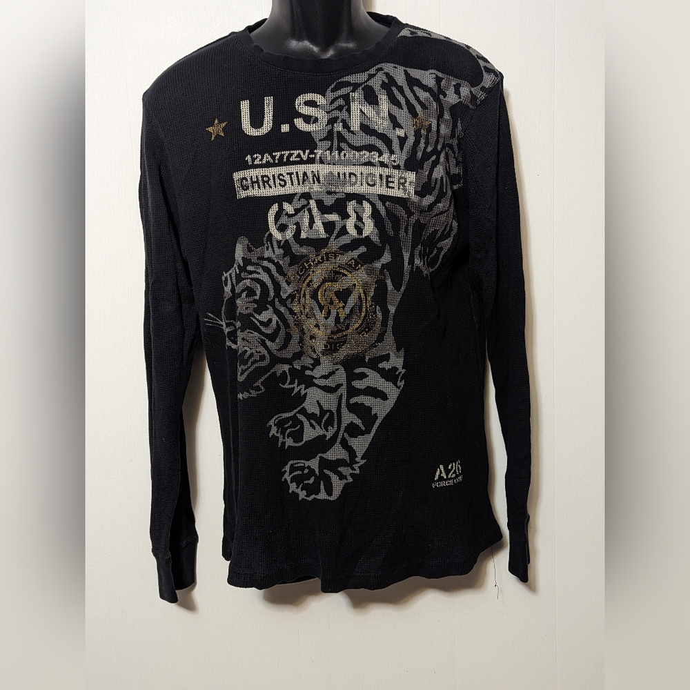 Men's Vintage Christian Audigier Tiger Thermal Long Sleeve Black Size Large